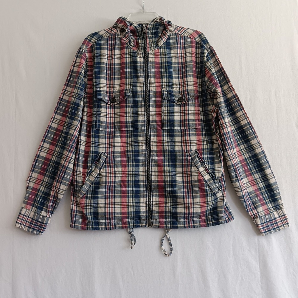 American Living Men's Plaid Cotton Zip Hoodie Jacket Drug Rug M golf hippie